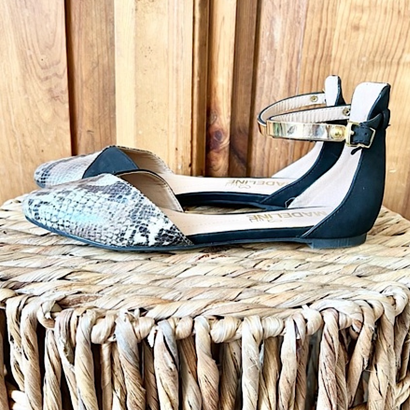 Madeline Girl Garland Black Snakeskin Gold Strap Flats Size 6